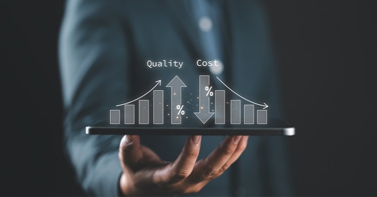 Person holding a tablet displaying a digital chart comparing quality and cost, with arrows and percentages indicating data trends in opposite directions.